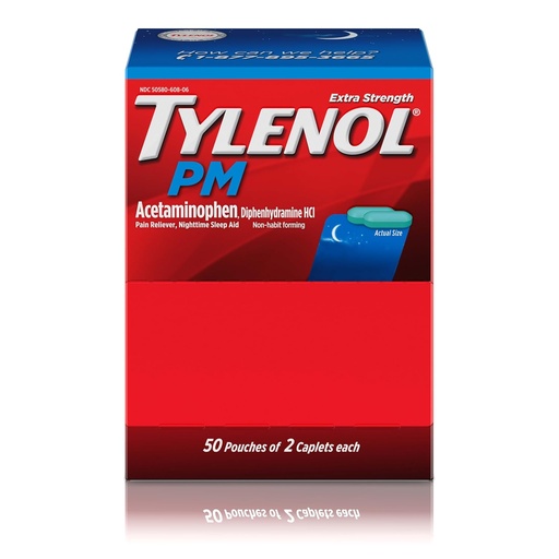 [BRSWKFD5OYBRKFQ7] Tylenol PM Extra Strength Nighttime Pain Reliever Sleep Aid Caplets with Acetaminophen & Diphenhydramine HCl, Relief for Nighttime Aches & Pains, Travel Size, 50 Packs of 2 Caplets