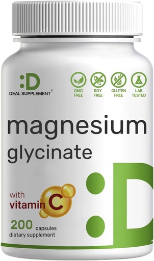 [BRSWGCQ6PJ6BGA3D] Glycinat de magnésium 500mg par gélule (1000mg par portion) Plus vitamine C, 240 gélules – 100% chélaté pour l'absorption facile – supplément minéral essentiel