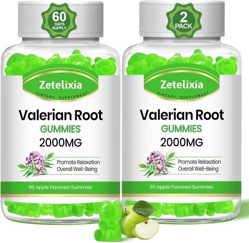 [BRSROCAHOZ4BG3TA] 2 Pack Organic Valerian Root Gummies, Herbal Supplement for Rentoutus & Mood Support, Unelma Gummies ilman melatoniini aikuisille, Vegaani, ei-GMO, Apple Flavor, 120