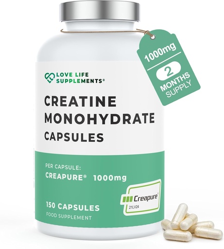 [BRSWY23YOYIBUEI7] Love Life Supplements Creapure® Creatine Monohydrate, 150 Capsules, 1 Gram per Capsule (not Powder or Tablets), 30-50 Servings, for Muscle Building, Strength & Power Output, 3rd Party Tested