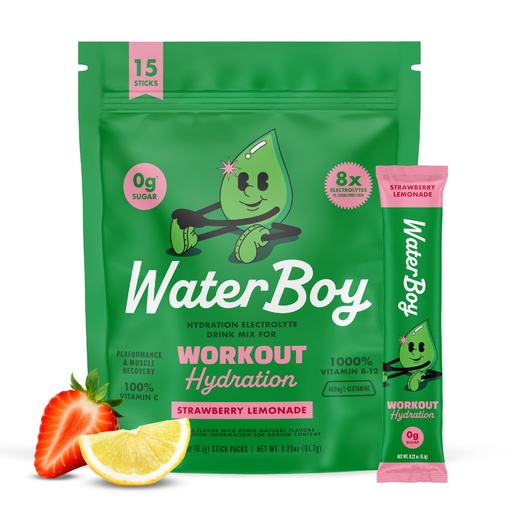 [BRSRMFIYCIFGCCTD] Waterboy Workout Hydration | 2,960mg Sugar Free Electrolyte Powder Packets | L-Glutamine + Vitamins | No Sugar, All Natural, Gluten Free | 15 Drink Stick Mixes (Strawberry Lemonade)