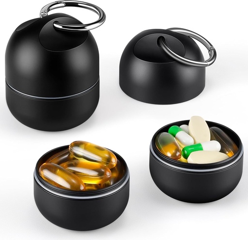 [BRSRAAQECIFBE2AU] Zannaki Small Portable Single Pill Box Keychain - Metal Daily Travel Pill Organizer Case, Waterproof Pill Holder Bottle, Cute Medicine Vitamin Supplement Container Carrier for Pocket or Purse, Black