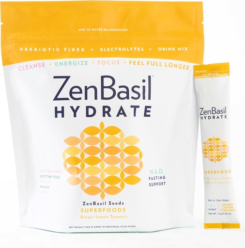 [BRSRMCALPMMAGAD4] Zen Basil Hydrate - Ginger Lemon Turmeric | Electrolyte Hydration Powder Packets | Fasting Support | Sugar Free, Keto, Paleo | 16 Sticks | Cellular Hydration