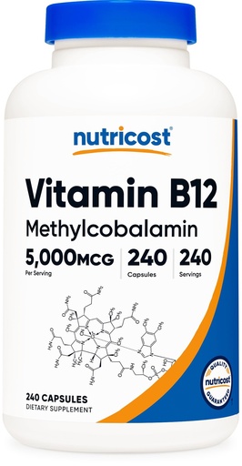 [BRSRMZL4C4PQEHI4] Nutricost Vitamin B12 (Methylcobalamin) 5000mcg, 240 Capsules - Vegetarian Caps, Non-GMO, Gluten Free B12 Supplement