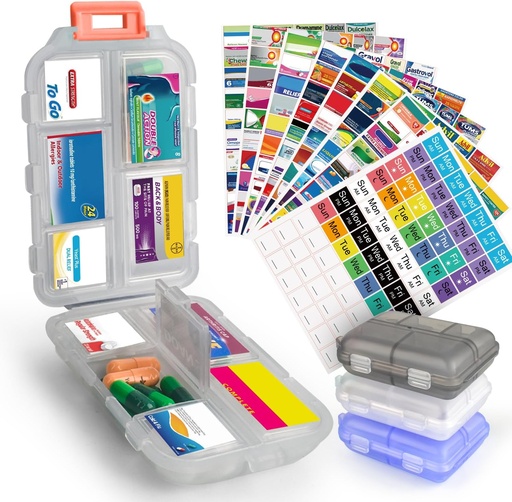 [BRSROCA3CV6AA2AU] 3 Pcs DIY Travel Pill Organizer with Labels Pocket Pharmacy, 3 Pill Box & 420 Medicine Labels, Portable Travel Essentials Mini Pill Container 7 Day Pill Case Storage Vitamin Fish Oil (Set A)