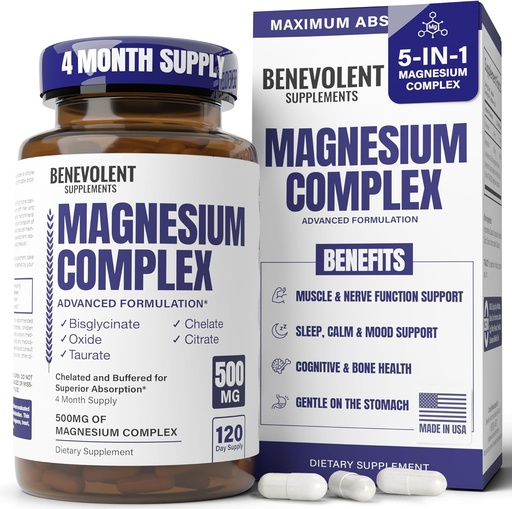[BRSWGCYTO4IA2ADX] Suplemen Kompleks Magnesium, Suplai 4 Bulan 500mg 5-in- 1 Bisglycinate, Oxide, Tadrate, Aspartate, Citrate, Max Absorpsi Magnesium Suplemen Tenang, Kram & Kaki, 120 Capsule