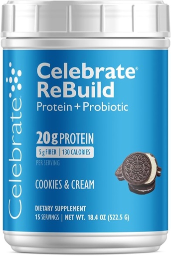 [BRSWYYYDOECBYYDJ] Celebrate Vitamins Rebuild Protein Powder with Probiotics & Prebiotics - 20g Whey Isolate Protein, High Fiber, for Post Bariatric Surgery Patients - Cookies & Cream (15 Servings)
