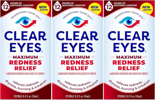 [BRSWGZYEBYNWKFLD] Clear Eyes Maximum Redness Eye Relief Eye Drops, 0.5 Fl Oz, Pack of 3