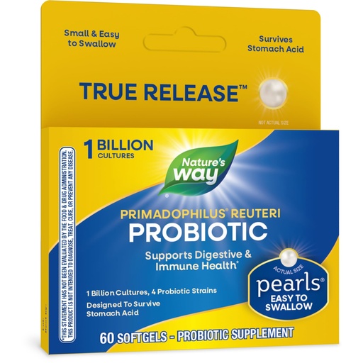[BRSWIYQGOAHBOCT2] Nature's Way Primadophilus Reuteri Probiotic Pearls for Men and Women, Digestive and Immune Health*, 1 Billion Culture, 4 Probiotic Strains, Survives Stomach Acid, 60 Softgels