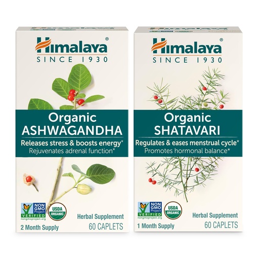 [BRSROAA2BVYBY23V] Himalaya Organic Ashwagandha for Energy Support Plus Organic Shatavari for PMS, Menstrual Cramp Relief & Menopause Support, 60 Capsules Each – 2 Product Bundle
