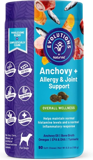[BRSRMYL4PJ6BEFAU] NaturVet Evolutions Anchovy + Allergy and Conducta Soft Chews per als Dogs - Petroli d' Anchoy, Bone Broth - ajuda a mantenir el nivell normal de la seva alamina - Ajuda ajuda a la resposta d'inflamitació normal