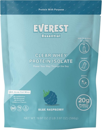 [BRSRAGICO56GK2A7] Everest Essential, 100% Grass-Fed Protein Powder (20 Servings), Blue Raspberry, Zero Sugar, Lactose-Free, Electrolyte-Infused, Grass-Fed Whey Protein Isolate, Natural Flavor, 20g Protein per Serving