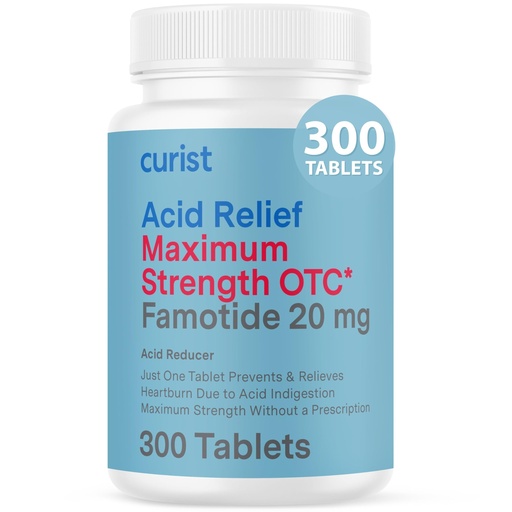 [BRSROCAPOUMGMCLK] Curist Famotidine 20mg Bulk Pack (300 Count Tablets) Acid Reflux Medicine for Heartburn Relief - OTC Maximum Strength Stomach Acid Reducer - Anti Acid Relief Tablets for Indigestion Heartburn Relief