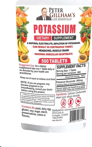 [BRSWKYY2ARYQMFTG] Peter Gillham’s Life Essentials Potassium Gluconate tablets 595mg, 500 Tablets, Support Electrolyte Balance, Made in USA (Package May Vary)