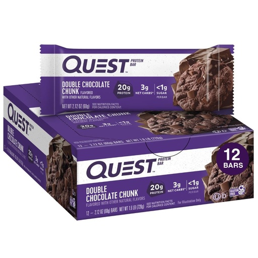 [BRSWIFAMBAHBW2DM] Quest Nutrition Double Chocolate Chunk Protein Bars, 20g Protein Bars, 1g Sugar, 4g Net Carb, Gluten Free, Keto Friendly, 12 Count