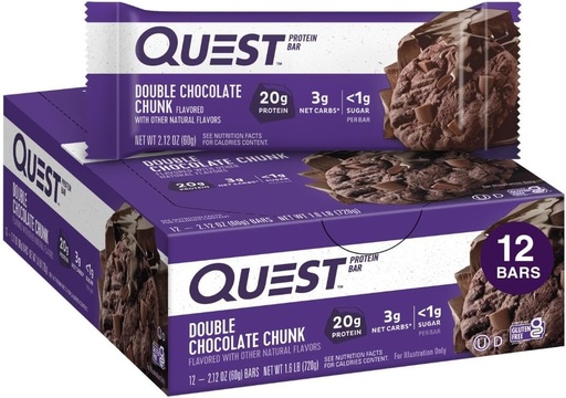 [BRSWIFAMBAHBW2DM] Quest Nutrition Double Chocolate Chunk Protein Bars, 20g Protein Bars, 1g sokeria, 4g Net Carb, Gluteeniton, Keto Friendly, 12
