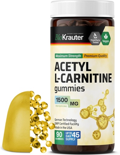 [BRSRMEIBBAHB4YAZ] BIO KRAUTER Acetyl L Carnitine Gummies - 1500 mg Strength - 90 Vegan Chews - Amino Acid Acetyl L Carnitine Supplement - Pectin-Based, Non-GMO