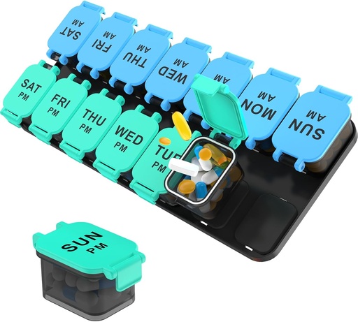 [BRSRAH36CMBQKG3Z] Великий 7 День Підвіконня Організатор, XL AM PM Twice Day Medicine Storage Box, Великий 2 тиждень Підйомник для таблеток, вітаміни та добавки, Подорожі підвіконня Case для Медикаменту (синій+ Кян)