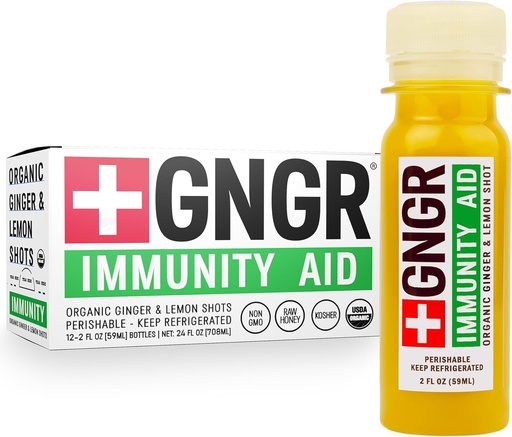 [BRSW2ZLQCJ5BYAI2] +GNGR Immunity Aid Organic Ginger, Lemon & Honey Shot - Cold Pressed Ginger Shots with Echinacea, Lemon Juice, Honey, Zinc & Vitamin D3, Immune & Digestive Support 2 fl oz (Pack of 12)