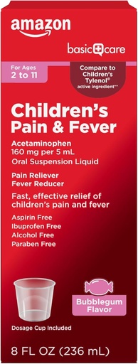 [BRSROCT4O4HGAYLJ]   Basic Care Children's Pain and Fever Oral Suspension Liquid, Acetaminophen 160 mg per 5 mL, Bubblegum Flavor, 8 fl oz