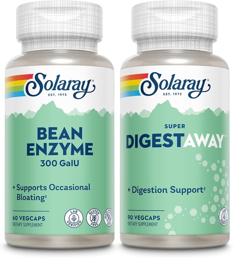 [BRSRAAIRBMNROCD5] SOLARAY Bean Enzyme and Super Digestaway - Digestive Enzymes Bundle - Alpha Galactosidase, Papain, Ginger, Pepsin, Betaine HCl, Aloe Vera and More - Digestion and Nutrient Absorption Support, 60/90ct