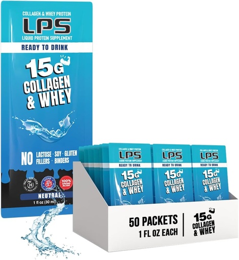 [BRSW223RB4IQ23DB] LPS Liquid Collagen & Whey Protein Supplement - Non-GMO Drink, Sugar-Free - Promotes Healthy Skin & Hair for Men & Women, Neutral, Single Serve (50 Packets)