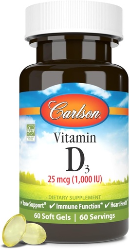 [BRSWGFQNBUOQK2Y3] Carlson - Vitamin D3, 1000 IE (25mg), Bein Helse, Muskelhelse, Kolekalciferol, vitamin D-tilskudd, vitamin D3 Myke Gels, 60 Softgels