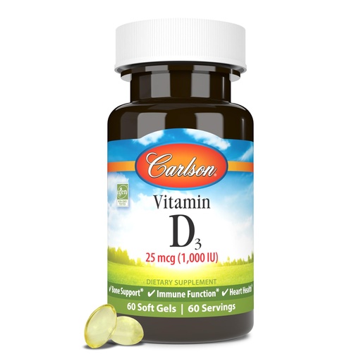 [BRSWGFQNBUOQK2Y3] Carlson - Vitamin D3, 1000 IU (25 mcg), Bone Health, Muscle Health, Cholecalciferol, Vitamin D Supplements, Vitamin D3 Soft Gels, 60 Softgels