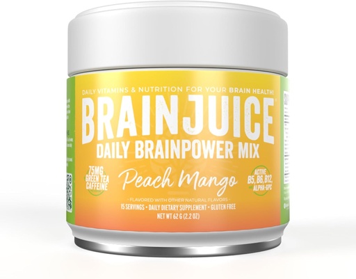 [BRSWGFQYCF6WKELA] BrainJuice Nootropics Brain Support Supplement, Gluten Free Powder for Energy and Focus, Drink Mix L Theanine, Alpha GPC, B-vitamin, Organic Green Tea Extract koffein, Peach Mango, 15 szerváció