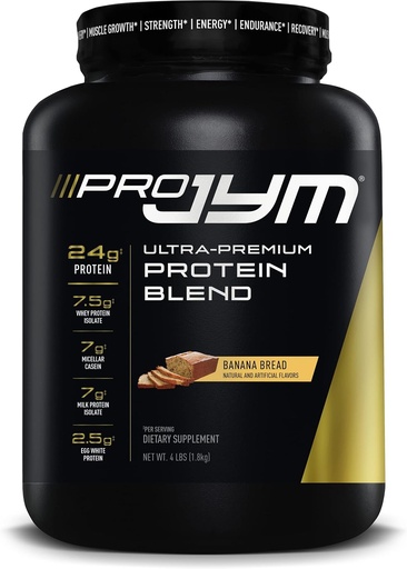 [BRSW2BIOOIIAYEIZ] JYM Supplement Science Pro JYM 4lbs Banana Bread Protein Powder | Whey, Milk, Egg White Isolates, & Casein | Muscle Growth, Recovery, for Men & Women