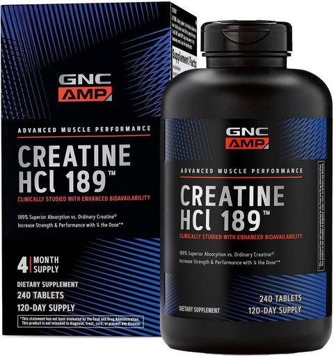 [BRSWG2YDCQCQOEIU] GNC AMP Creatine HCl 189 Pills, Klinik Proven Strength & Muscle Builder, Athletic Performance, Energy Production, Recovery Supplement, Fast Absorbing, Gluten Pulsuz Formula, 120 Xidmət
