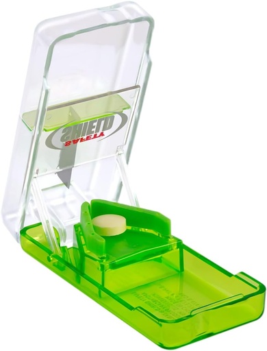 [BRSWIYQLBUJQAFA5] Ezy Dose Pill Cutter і Splitter з Захисним щитом, щоденне використання, безпечно вирізати таблетки, вітаміни, таблетки в половині, Точний і простий ріжучий, з нержавіючої сталі Blade, Подорожі Sized, Колір May Vary, BPA Free