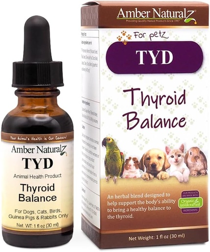 [BRSWKHD6CEFA2YI7] Amber NaturalZ TYD Thyroid Balance Herbal Supplement for Dogs, Cats, Birds, Guinea Pigs, and Rabbits | Herbal Pet Supplement for Thyroid Health | 1 Fluid Ounce Glass Bottle | Manufactured in The USA
