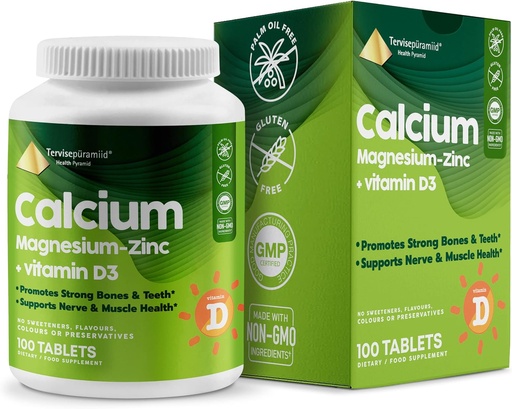 [BRSRMGAFPIIQKDLV] Health Pyramid Calcium Magnesium Zinc with Vitamin D3 Supplement for Strong Bones and Teeth Cal Mag Zinc Supports Nerve and Muscle Health 100 Vegan Tablets