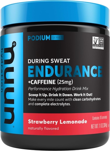 [BRSWGAY2OZYAE2DU] Nuun Hydration Endurance Powder, Strawberry Lemonade + Caffeine, Workout Support, 5 Essential Electrolytes for Hydration + Carbohydrates, Vegan, Non-GMO, (16 Servings - Canister)