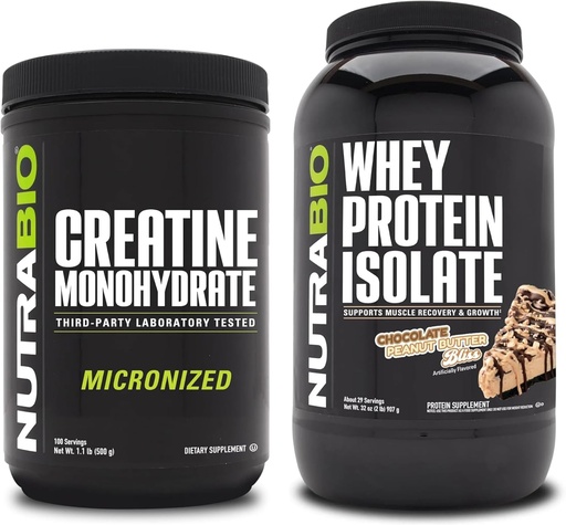 [BRSRAZ34A4BWEAIV] NutraBio Creatine Monohydrate, Unflavored, 500g and Whey Protein Isolate, Chocolate Peanut Butter, Supplement Bundle - Muscle Energy, Lean Muscle Growth, Recovery, and Strength