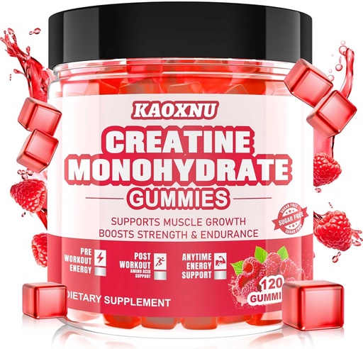 [BRSROCABAABBUGQ7] Créatine Monohydrate Gommies pour hommes et femmes 120 CT - 5000mg de créatine Monohydrate par service - Sans sucre Créatine à croquer pour la force musculaire, le constructeur musculaire, l'énergie boost (arôme de framboise)