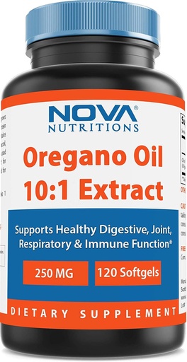 [BRSWIAA4AAFGO2DM] Nova Nutritions Oregano Oil 250 mg 10: 1 Ekstraktas - Non- GMO & Gluten Free - Oregano pills aliejus - Imuninė parama - 120 Softgels