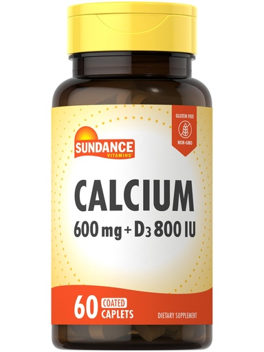 [BRSWGYYTAEDR4CLB] Sundance Calcium 600mg with D3 | 60 Caplets | Vegetarian, Non-GMO, and Gluten Free Supplement