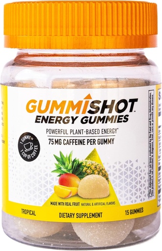 [BRSROEITDMHGM2TK] GummiShot Energy Gummies, 1125 mg of Plant-Based Caffeine Chews per Bottle, Long Lasting Energy Boosters, Tropical (15ct)