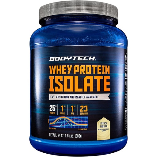 [BRSWIAQHCMPAKADG] BodyTech Whey Protein Isolate Powder, French Vanilla Flavor, 25g Protein per Serving, High Concentrated Protein Powder with Amino Acids & BCAAs for Men and Women, Gluten Free, 1.5 lb, 23 Servings