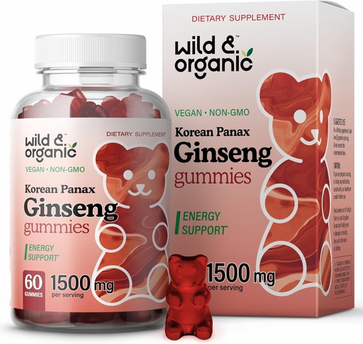 [BRSW22QEOICGYG3Z] Wild & Organic Panax Ginseng Gummies 1500 mg - Korean Red Ginseng Suplemento - Vegan, Não-GMO raiz em pó base mastiga - 60 contagem