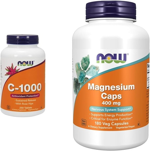 [BRSROCYKPJ7A4CTU] NOW Supplements, Vitamin C-1,000 with Rose HIPS, Sustained Release, Antioxidant Protection*, 250 Tablets & Supplements, Magnesium 400 mg, Enzyme Function*, Nervous System Support*, 180 Veg Capsules