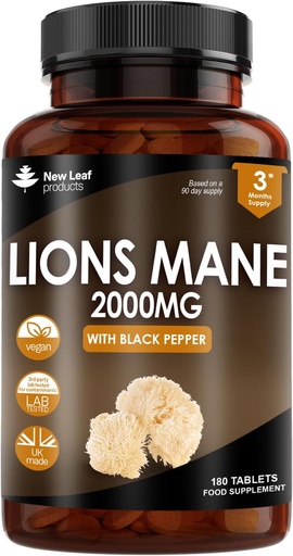 [BRSRMAQBCQFGOGQY] New Leaf Products Lions Mane Mushroom Extract Supplement 2000mg - 180 High Strength Vegan Tablets with Black Pepper - (Not Powder or Capsules) Made in The UK