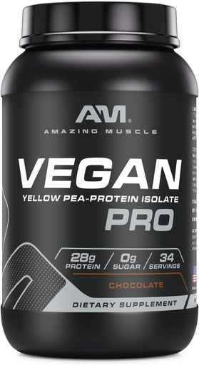 [BRSRAZ33OJ6AICIU] Amazing Muscle Vegan Protein Powder | 28 Grams Protein | 34 Servings | Zero Sugar | Yellow Pea Protein Isolate Supplement | Made in USA (3 Lb, Chocolate)