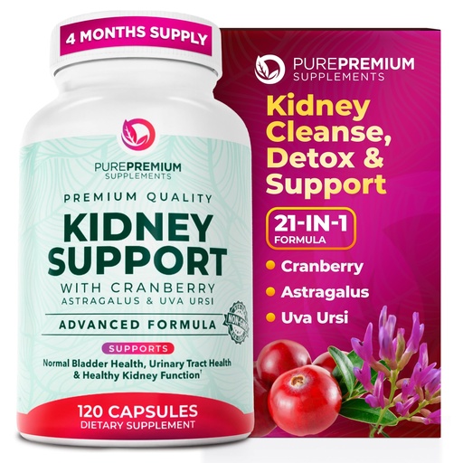 [BRSRMFIBBUPBYCTO] PurePremium Kidney Support Supplement – Kidney Cleanse Detox & Repair with Cranberry Extract & Astragalus - 21-in-1 Complex Supports Normal Bladder, Urinary Tract & Kidneys Health - 120 Day Supply