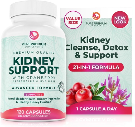 [BRSRMFIBBUPBYCTO] PurePremium Kidney Support Supplement - Kidney Cleanse Detox & Repair with Cranberry Extract & Astragalus - 21-in-1 Complex Supports Normal Bladder, Urinary Tract & Kidneys Health - 120 Day Supply
