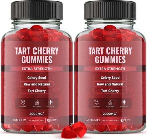 [BRSW2GIPCB7AA2Q2] Dr. Emys Tart Cherry Extract 2.000mg* Gummy Supplement + Celery Seed Extract 400mg*, Rå & Naturlig - Ikke-GMO - Gluten og Gelatin Gratis Vegan, Joint Comfort Uric Acid Cleanse