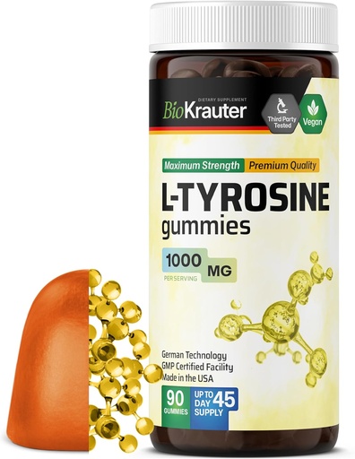 [BRSRMEIDOQNAYYI3] BIO KRAUTER L Tyrosine Supplement Gummies - 1000 mg Strength - 90 Vegan Chews - Mood and Cognitive Support - L-Tyrosine Gummies - Pectin-Based Formula