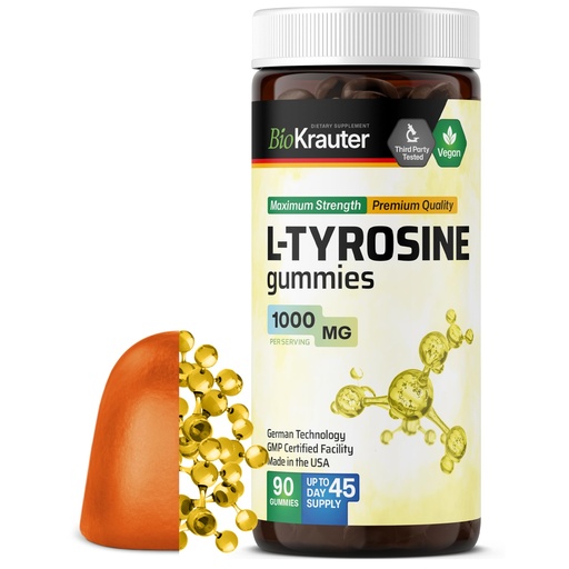 [BRSRMEIDOQNAYYI3] BIO KRAUTER® L Tyrosine for Mood Support - Brain Supplements for Daily Clarity and Focus - L-Tyrosine 1000 mg, 90 Gummies, 45-Day Supply - Natural Mood Gummies - Non-GMO, Mango Flavor